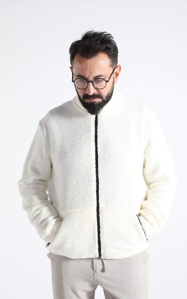 Ekru Peluş Fermuarlı Sweatshirt