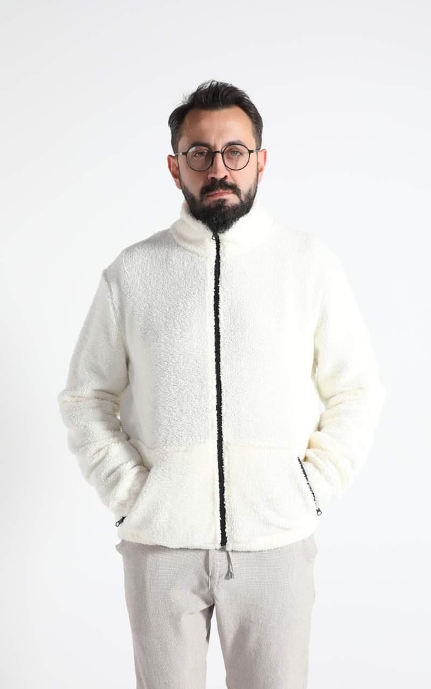Ekru Peluş Fermuarlı Sweatshirt