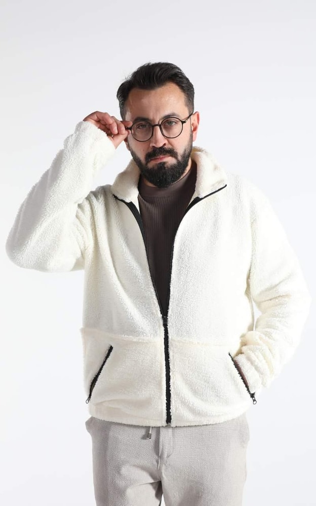 Ekru Peluş Fermuarlı Sweatshirt