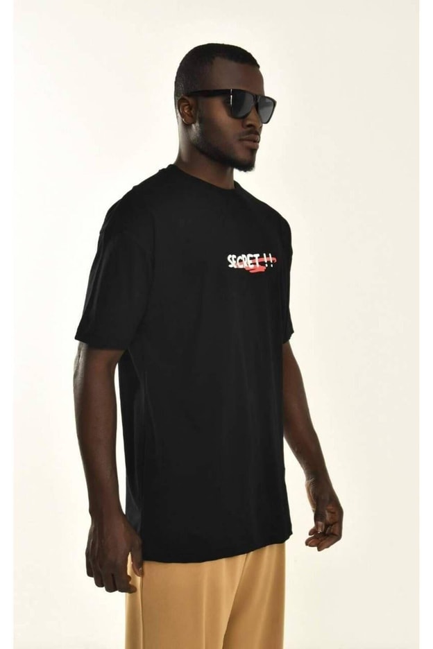 Erkek Siyah Secret Baskılı %100 Pamuk Kalın Dokulu T-shirt