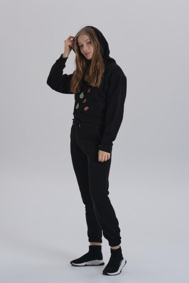 Gri Meyve Aksesuarlı Kapüşonlu Üç Iplik Kadın Sweatshirt