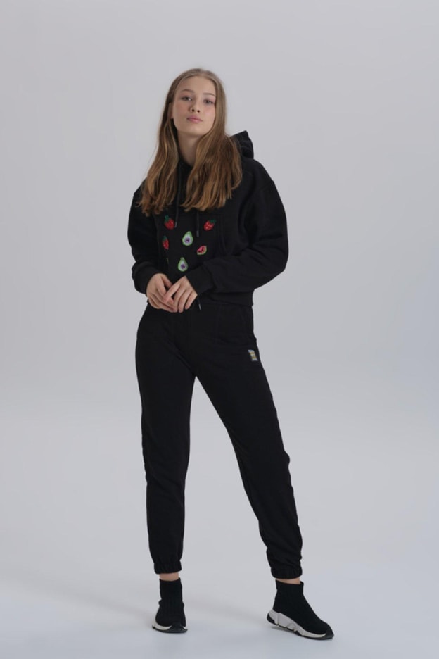 Gri Meyve Aksesuarlı Kapüşonlu Üç Iplik Kadın Sweatshirt