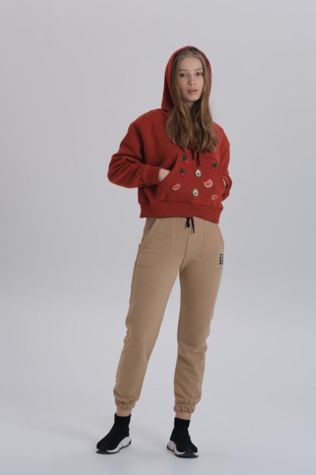 Gri Meyve Aksesuarlı Kapüşonlu Üç Iplik Kadın Sweatshirt
