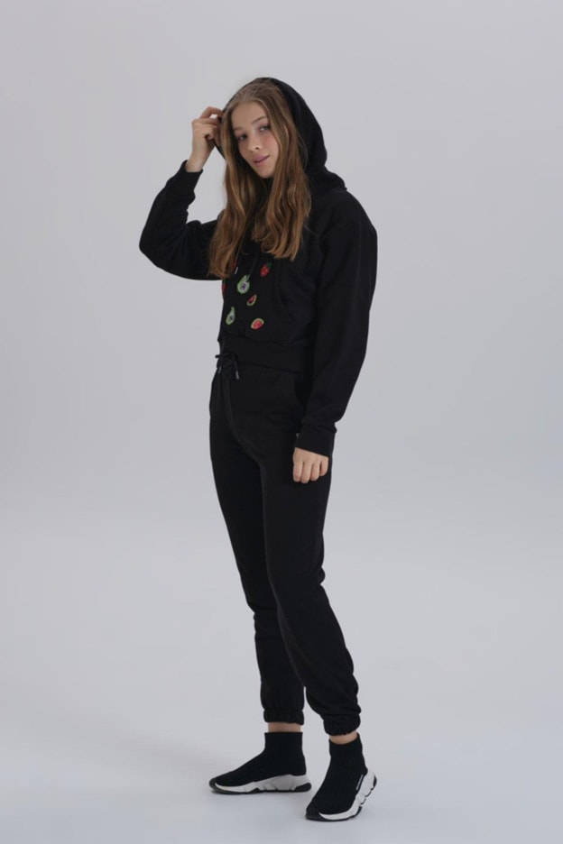 Gri Meyve Aksesuarlı Kapüşonlu Üç Iplik Kadın Sweatshirt