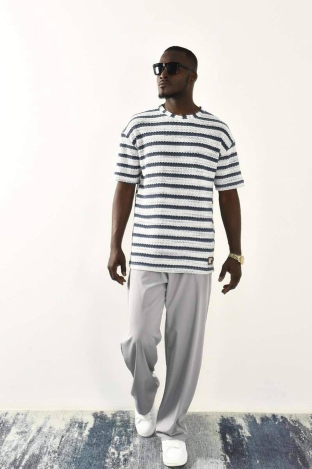 İndigo Çizgili Oversize T-shirt