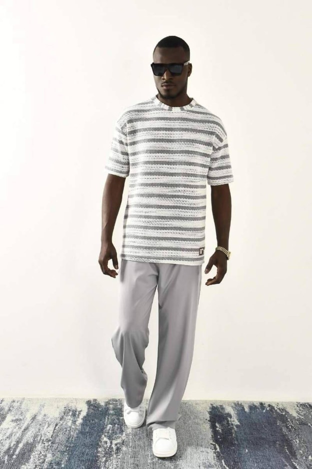 İndigo Çizgili Oversize T-shirt