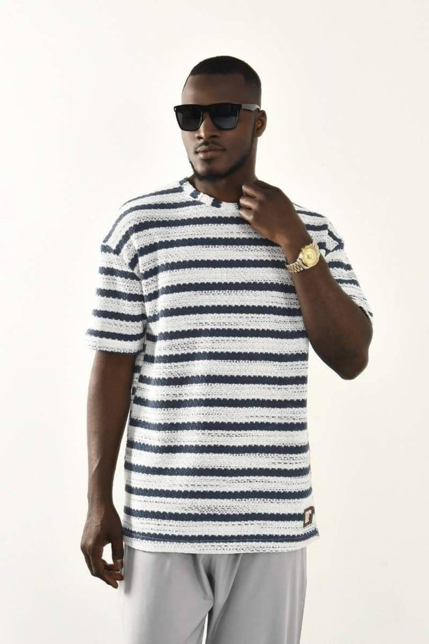 İndigo Çizgili Oversize T-shirt