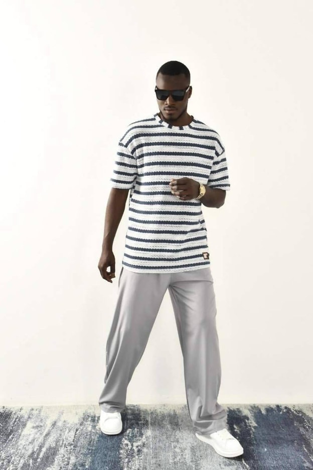 İndigo Çizgili Oversize T-shirt