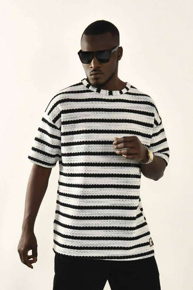 İndigo Çizgili Oversize T-shirt