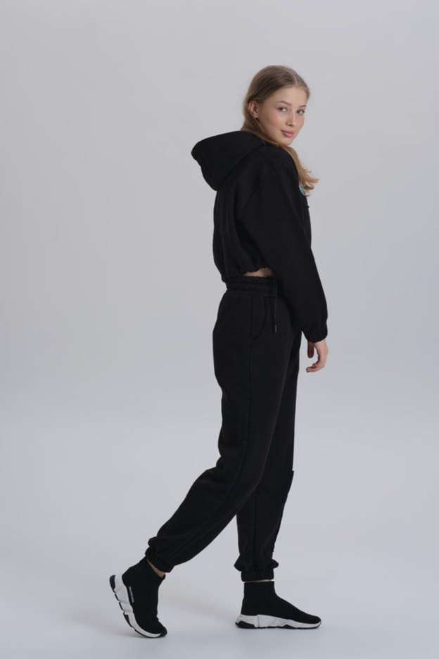 Siyah Baskı Detaylı Oversize Üç Iplik Eşofman Takımı