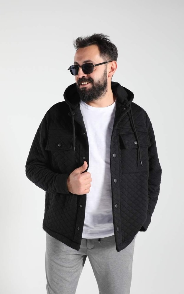 Siyah Çıt Çıt Kapamalı Kapüşonlu Ceket 