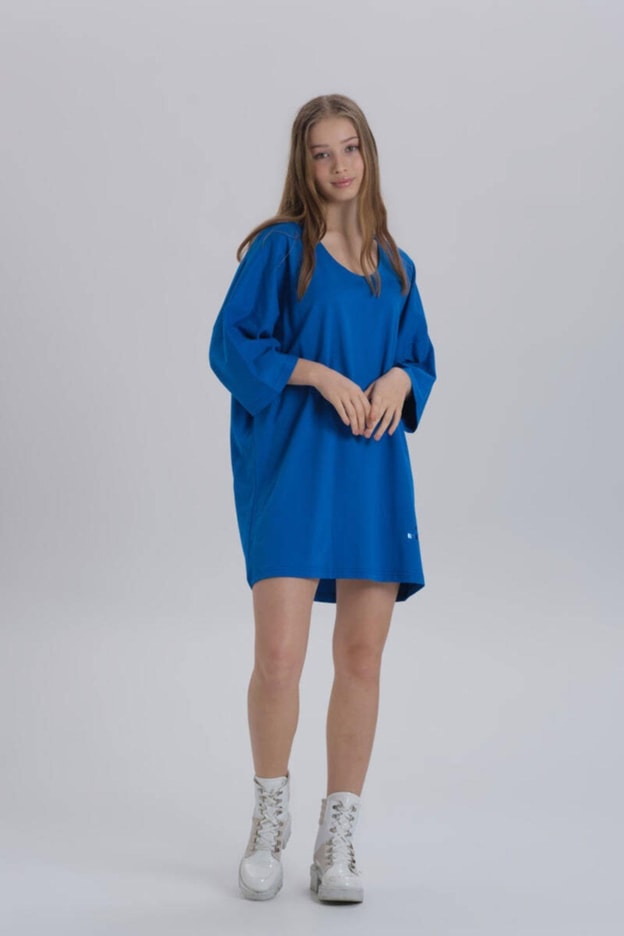 Siyah Kadın Sırt Baskı Detay Oversize T-shirt Elbise