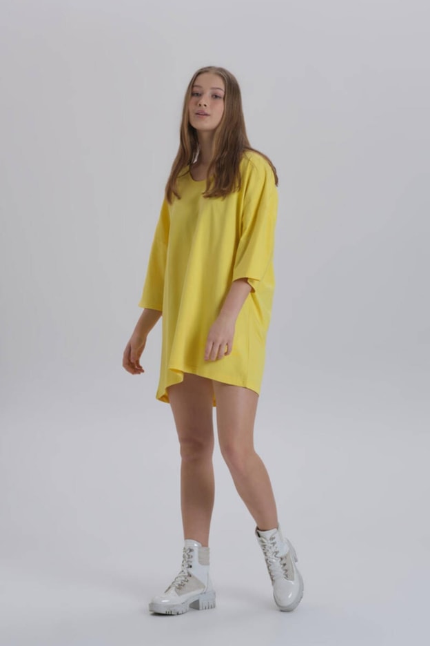 Siyah Kadın Sırt Baskı Detay Oversize T-shirt Elbise