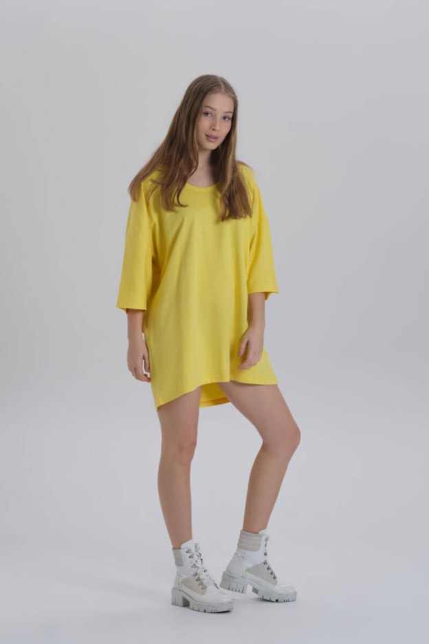 Siyah Kadın Sırt Baskı Detay Oversize T-shirt Elbise