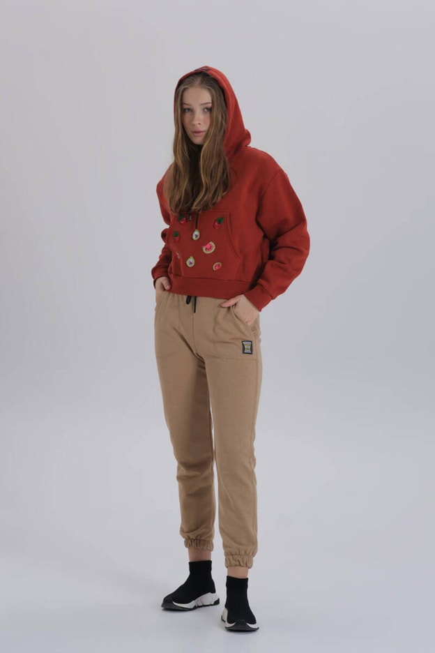 Siyah Meyve Aksesuarlı Kapüşonlu Üç İplik Sweatshirt