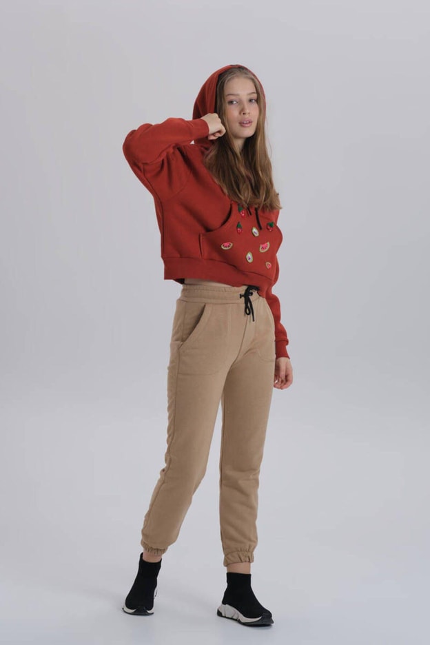 Siyah Meyve Aksesuarlı Kapüşonlu Üç İplik Sweatshirt