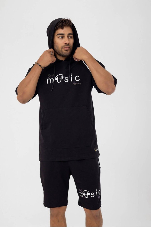 Siyah Music Baskı Detay Kapüşonlu Oversize Şortlu Takım