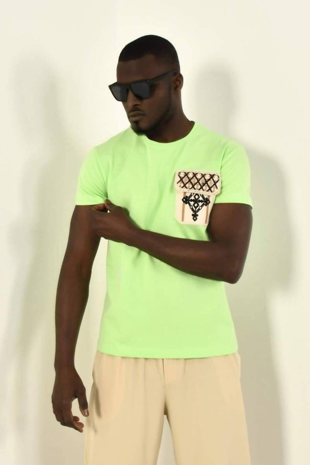 Yeşil Örgülü Cep Detay Bisiklet Yaka T-shirt