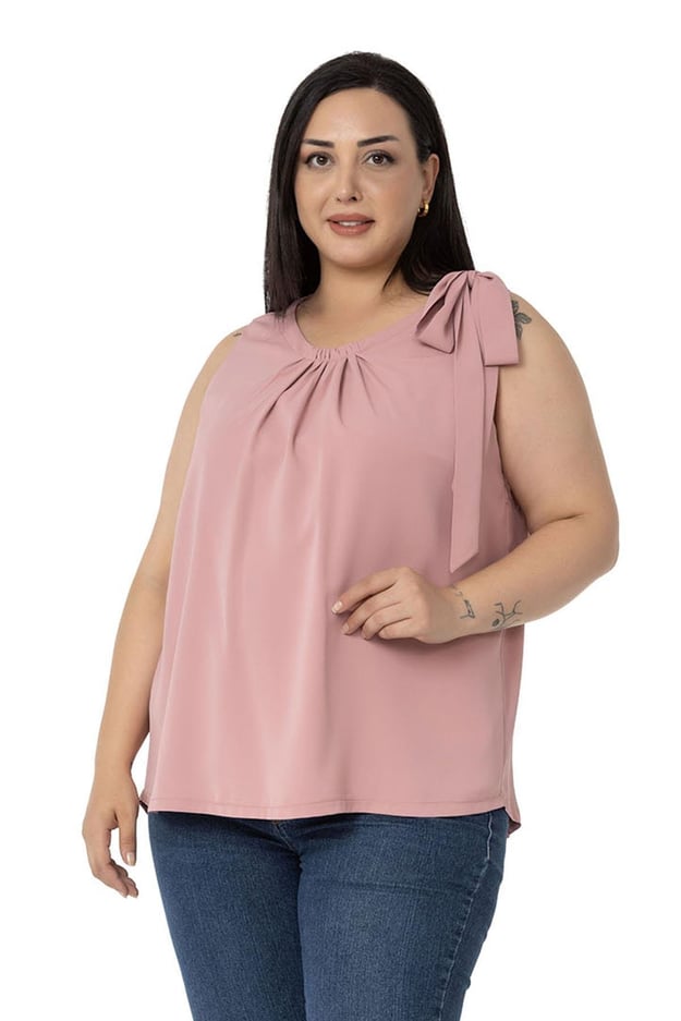 Plus Size Pleated Collar Shoulder Ribbon Detail Lined Sleeveless Rose Blouse