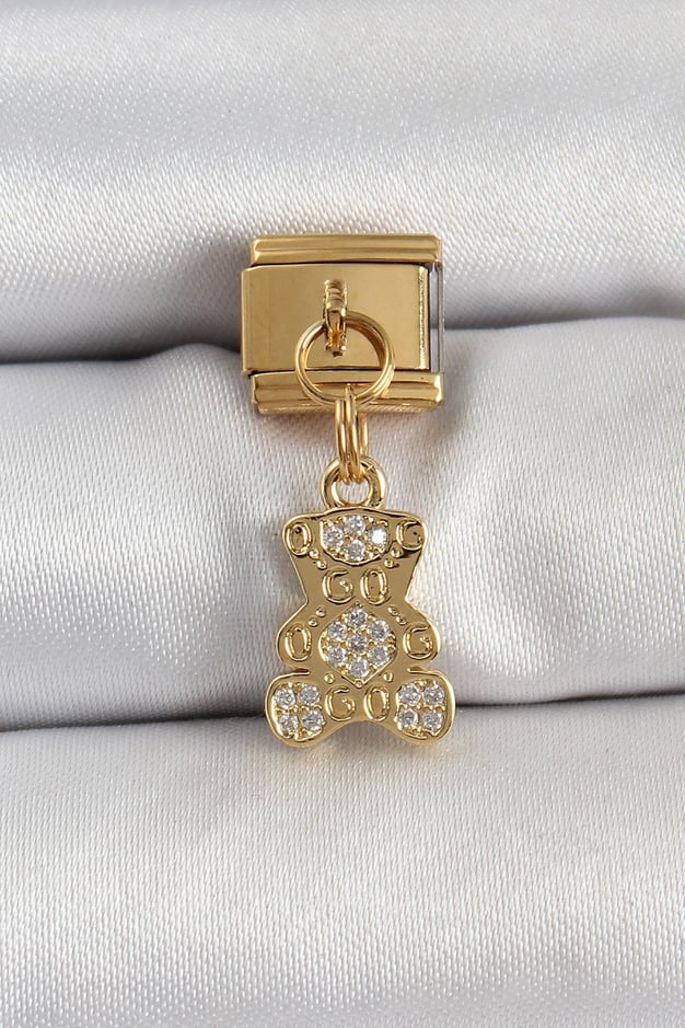 316L Çelik Sallantılı Zirkon Taşlı Ayıcık Model Gold Renk Nomination Charm