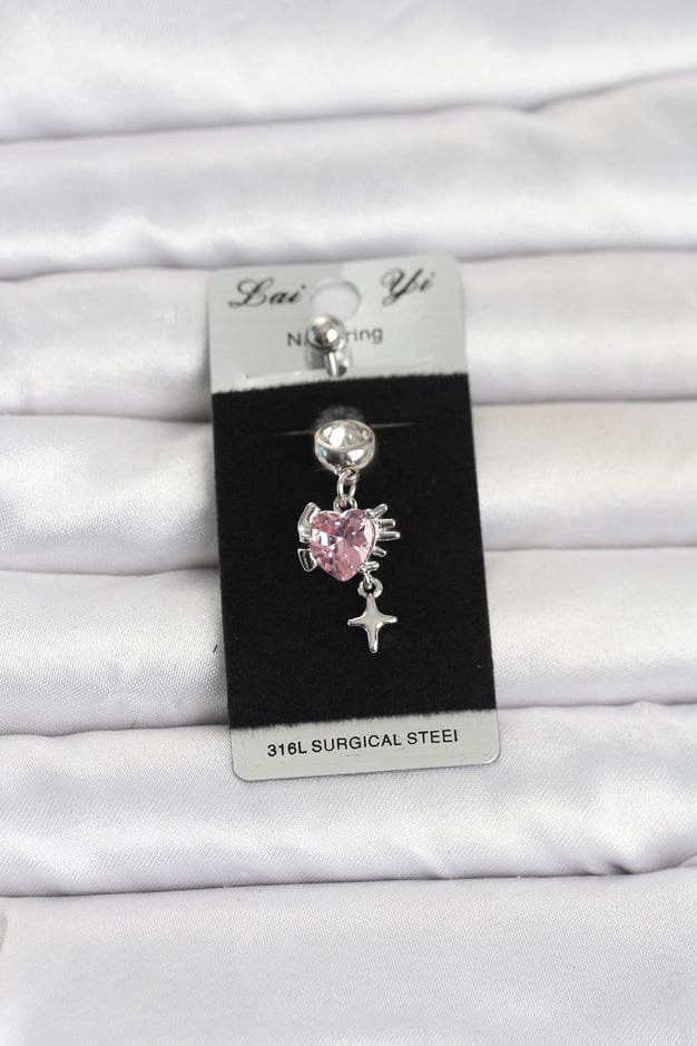 316L Cerrahi Çelik Pembe Zirkon Taşlı Model Göbek Piercing