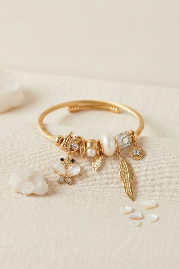 Kelebek Model Gold Renk Beyaz Charmlı Bileklik