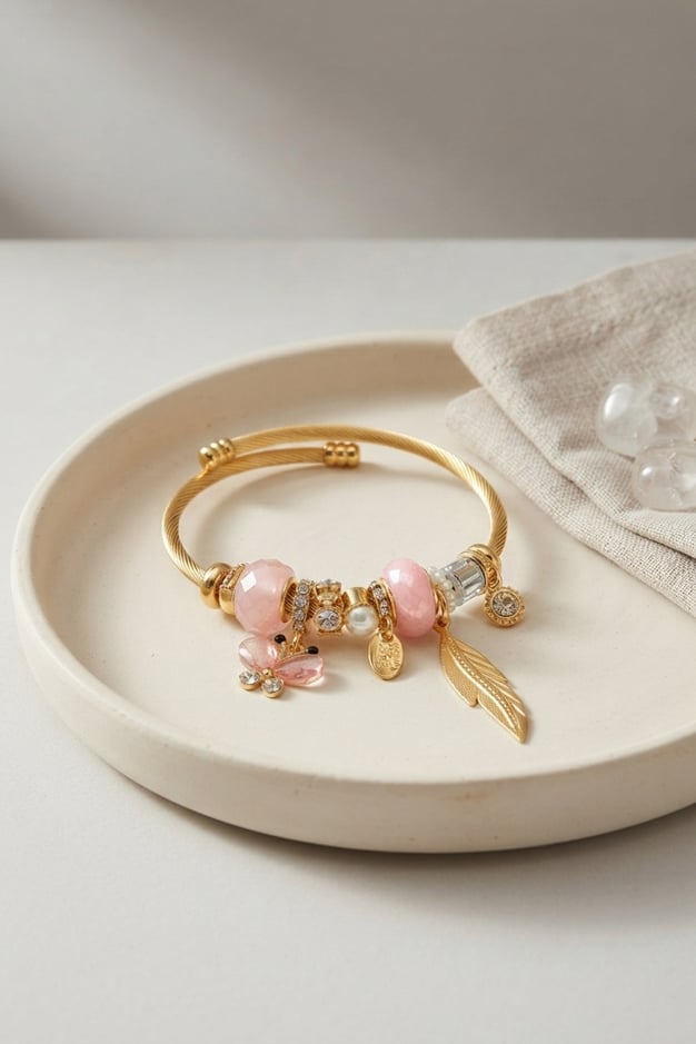 Kelebek Model Gold Renk Pembe Charmlı Bileklik
