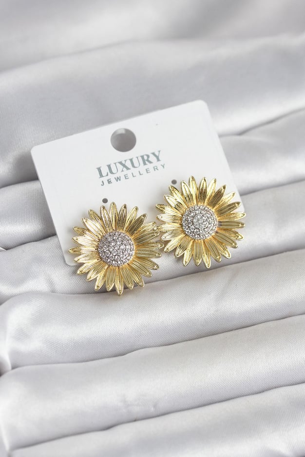 Papatya Model Zirkon Taşlı Pirinç Gold Renk Kadın Küpe