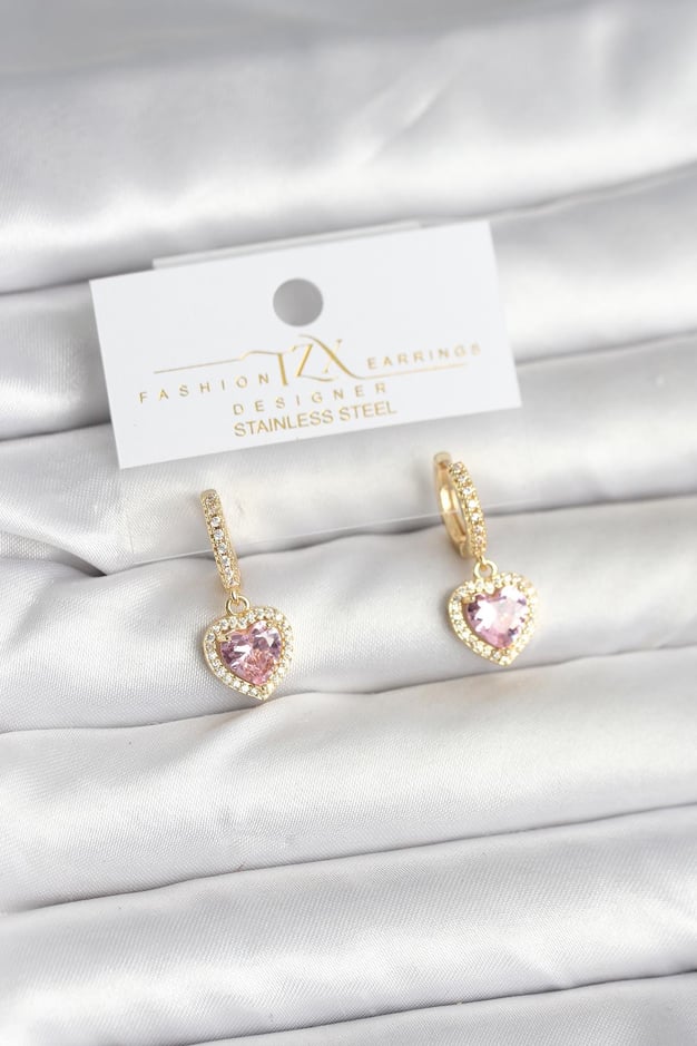 Pirinç Gold Pembe Renk Zirkon Taşlı Kalp Model Kadın Küpe