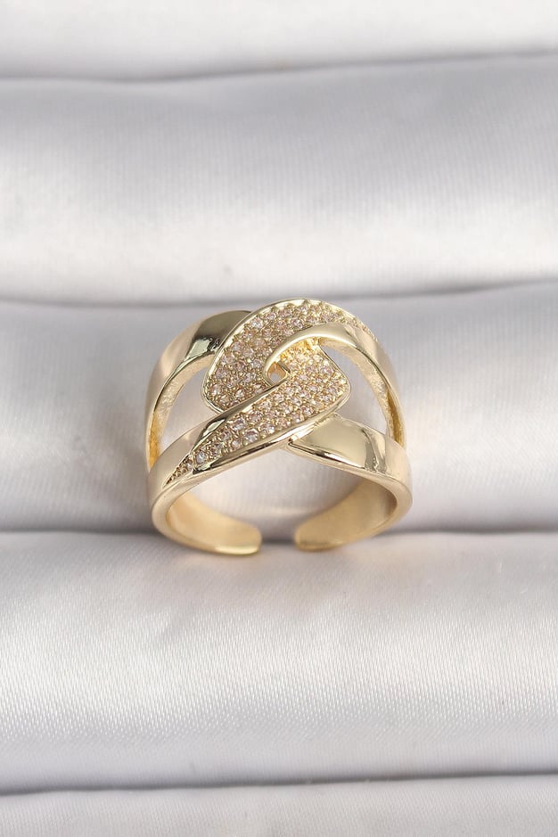 Pirinç Gold Renk Ayarlanabilir Zirkon Taşlı Kadın Yüzük