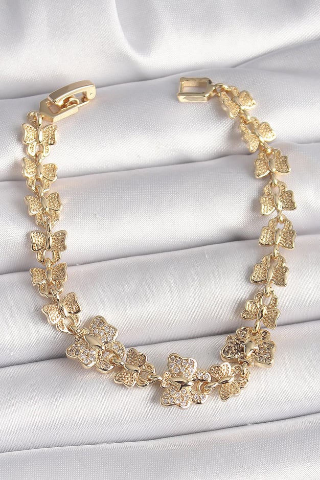 Pirinç Gold Renk Zirkon Taşlı Kelebek Model Zincir Kadın Bileklik