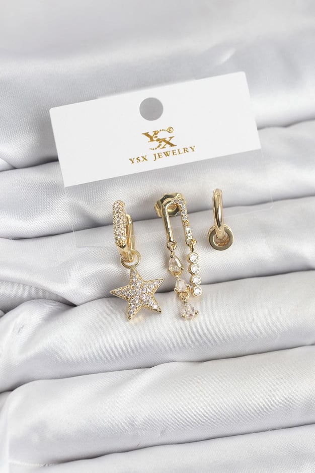 Pirinç Gold Renk Zirkon Taşlı Yıldız Vintage Model YSX Trio Küpe Seti