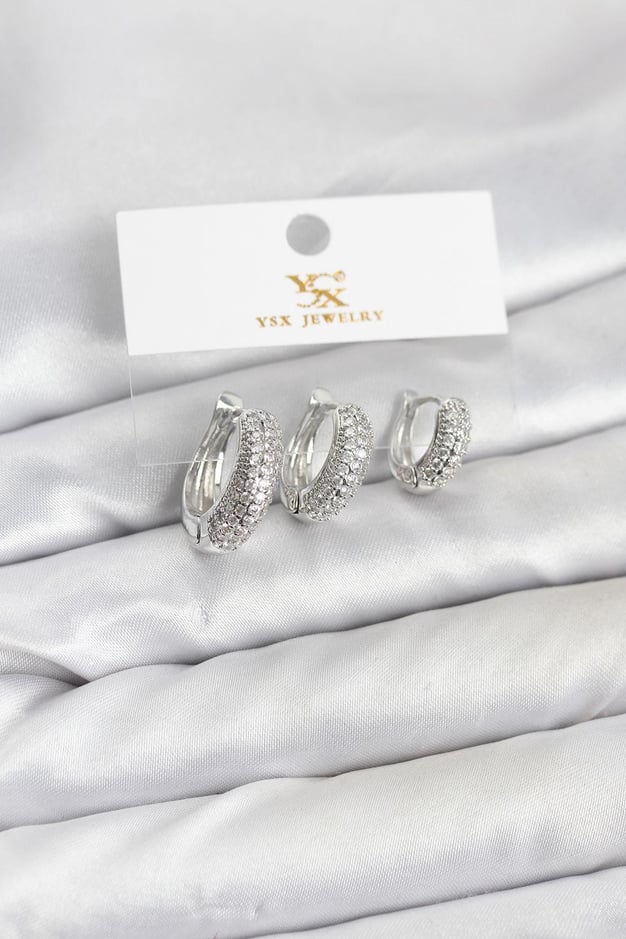 Pirinç Gümüş Renk Zirkon Taşlı Halka Model YSX Trio Küpe Seti