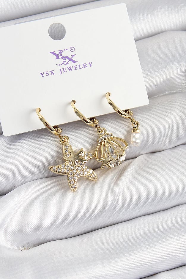 Pirinç Zİrkon Taşlı Deniz Yıldızı Ve İstiridye Model Gold Renk 3lü Kadın Küpe
