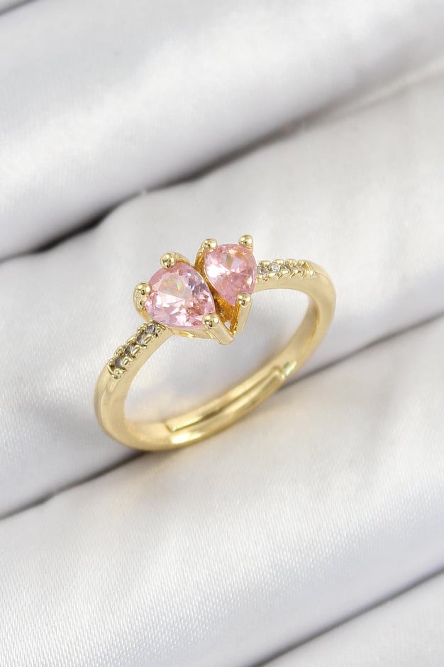 Pirinç Zirkon Taşlı Pembe Kalp Model Gold Renk Kadın Yüzük