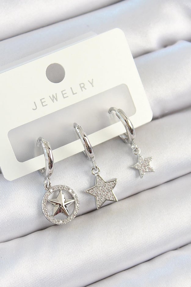 Pirinç Zirkon Taşlı Yıldız Model Gümüş Renk 3lü Çift Kadın Küpe Set
