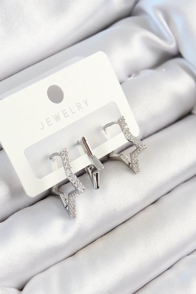 Pirinç Zirkon Taşlı Yıldız Model Gümüş Renk 3lü Çift Kadın Küpe Set