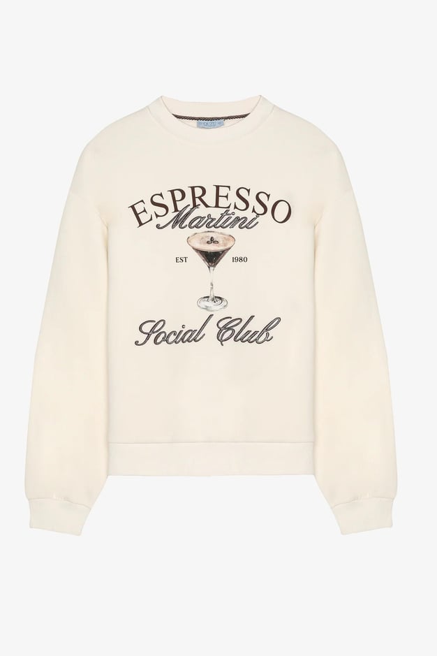 Espresso Baskılı Yazı Nakışlı Oversize Sweatshirt Ekru - Marcoroni