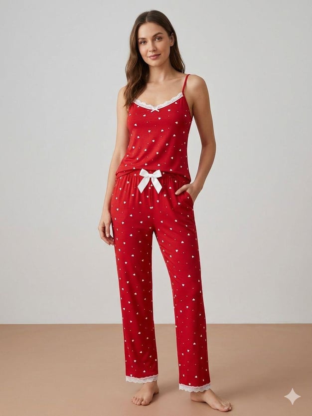 Kadın Kalp Desenli Dantelli Pijama Takımı İp Askılı - Marcoroni