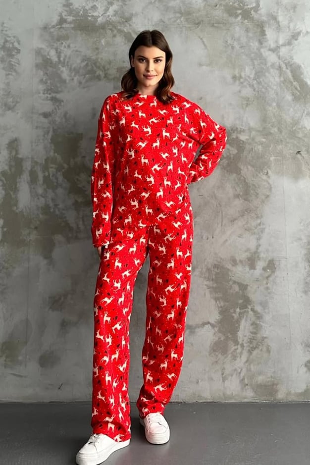 Kırmızı Yılbaşı Desenli Pijama Takımı - Marcoroni