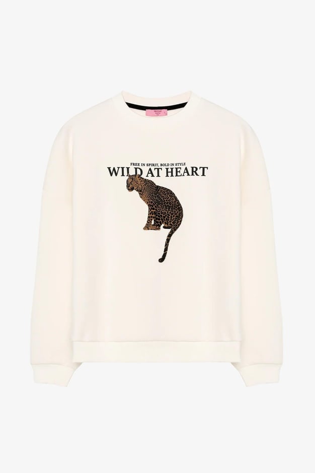 Leopar Baskılı Sloganlı Oversize Sweatshirt Ekru - Marcoroni