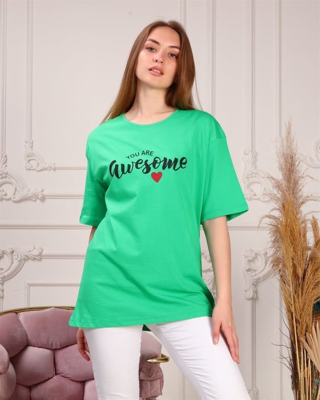 Marcoroni Awesome Baskılı Yeşil Kadın T-Shirt