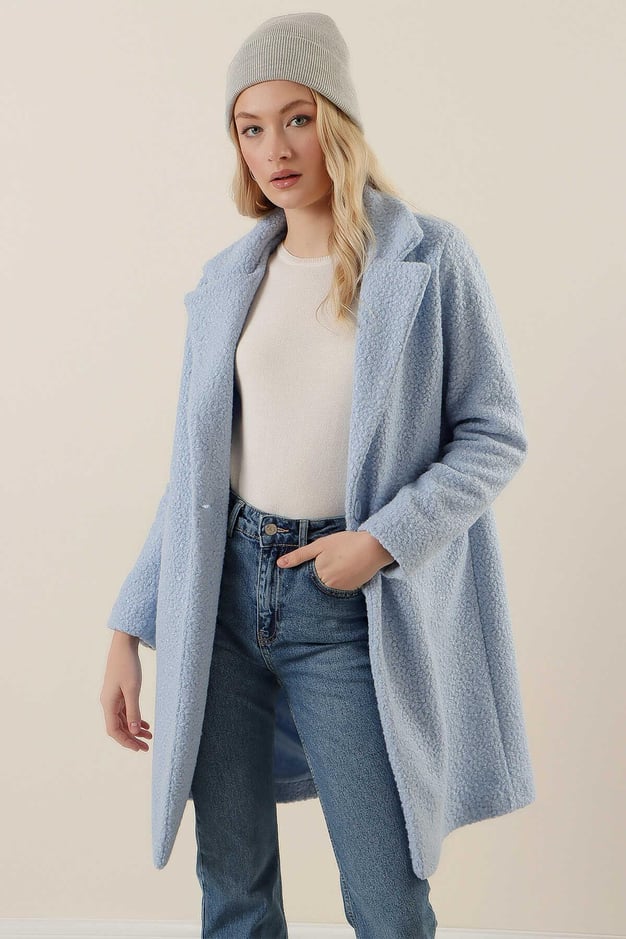 Oversize Kaşe Kaban - Mavi - Marcoroni