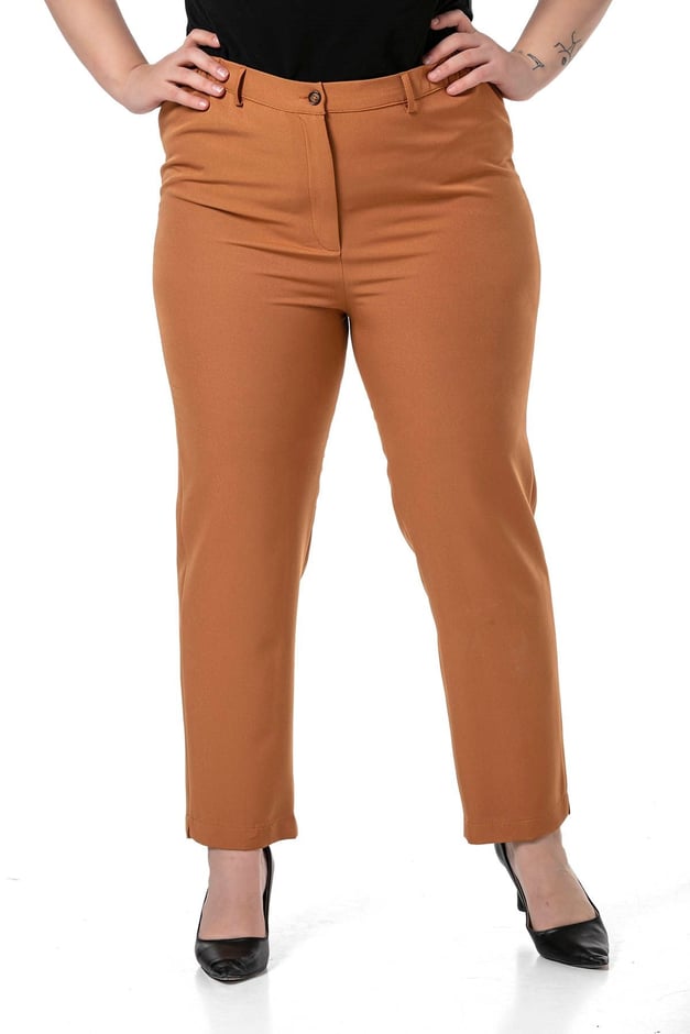 Plus Size Brown Trousers with Side Elastic Waist Zipper and Slits on the Legs