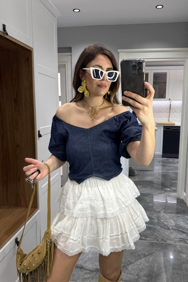 Balon Kol Sırt Lastikli Denim Bluz Lacivert