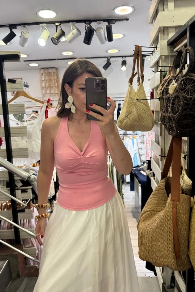 Boyun Bağlamalı Halter Crop Bluz Pembe