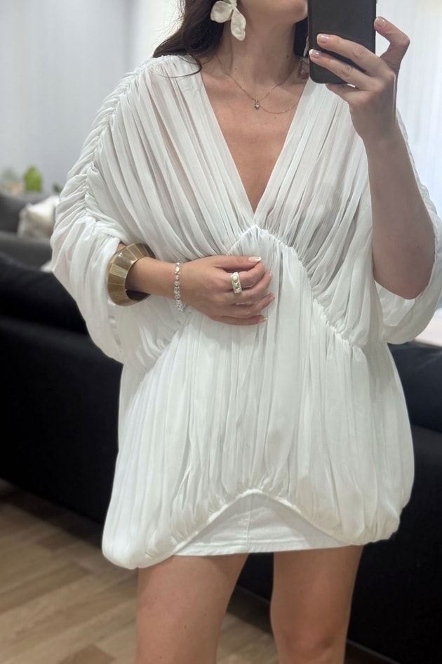Celestia Drapeli Şifon Bluz Beyaz