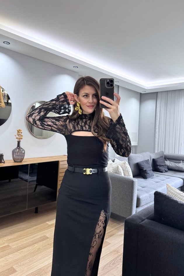 Danteli Önü Pencereli Bluz Siyah