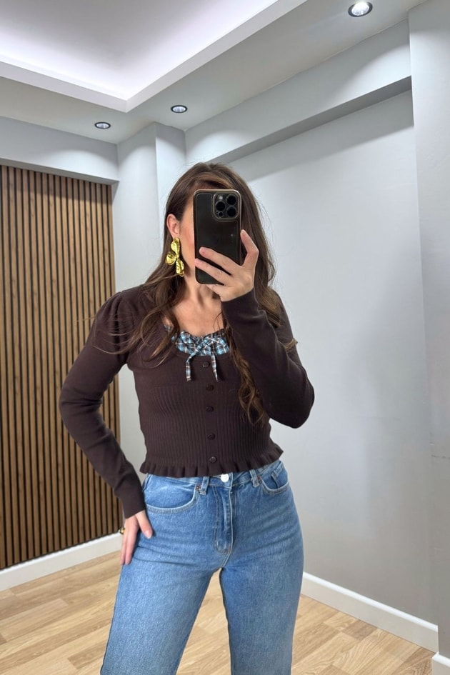 Ekose Bağlama Detaylı Fitilli Triko Bluz Kahverengi