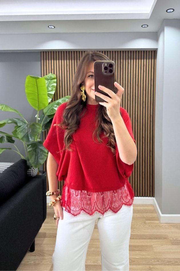 Elara Dantel Detaylı Triko Bluz Kırmızı